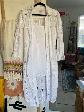 🌼 LOFT White Eyelet Long Shirt Dress / Duster Small